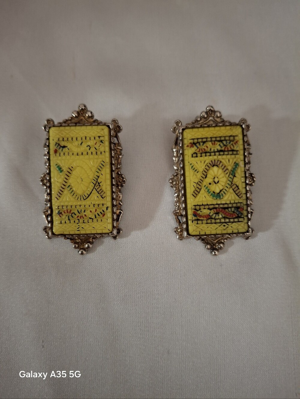 Persian Tile yellow and Silver vintage clip-on earrings